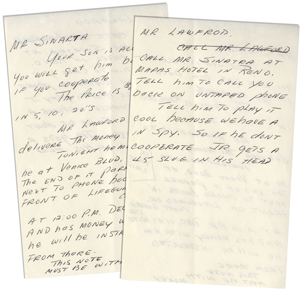 Original Frank Sinatra Jr. Ransom Note Sent to Peter Lawford When Sinatra Was Kidnapped in 1963